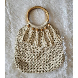 Cream & Tan Women's Macrame & Wood Circle‎ Handle Purse